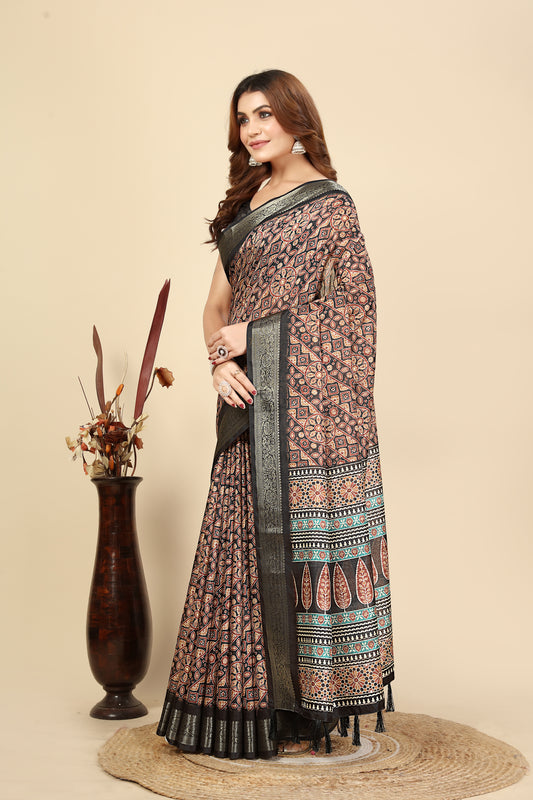 Women's Luxurious Pure Dola Silk with Exquisite Jacquard Border Soft Printed Saree & Printed Blouses
