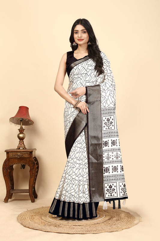 Women's Luxurious Pure Dola Silk with Exquisite Jacquard Border Saree & Printed Blouses