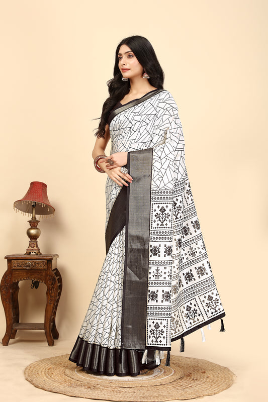 Women's Luxurious Pure Dola Silk with Exquisite Jacquard Border Saree & Printed Blouses