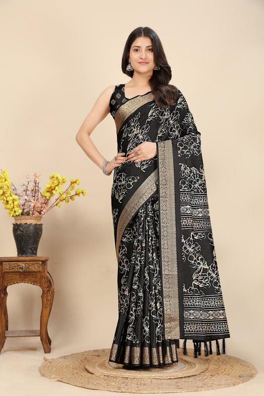 Women's Luxurious Pure Dola Silk with Exquisite Jacquard Border & Printed Blouses