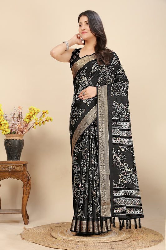 Women's Luxurious Pure Dola Silk with Exquisite Jacquard Border & Printed Blouses