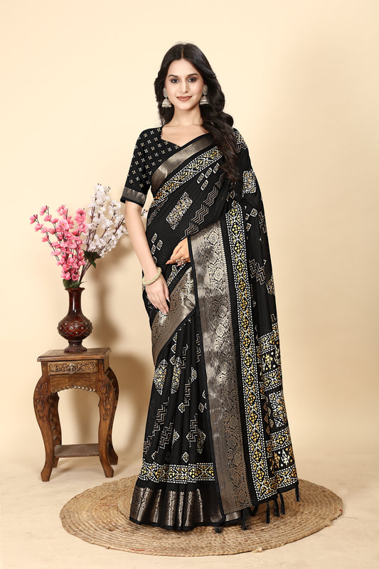 Women's Luxurious Pure Dola Silk with Exquisite Jacquard Border & Printed Blouses