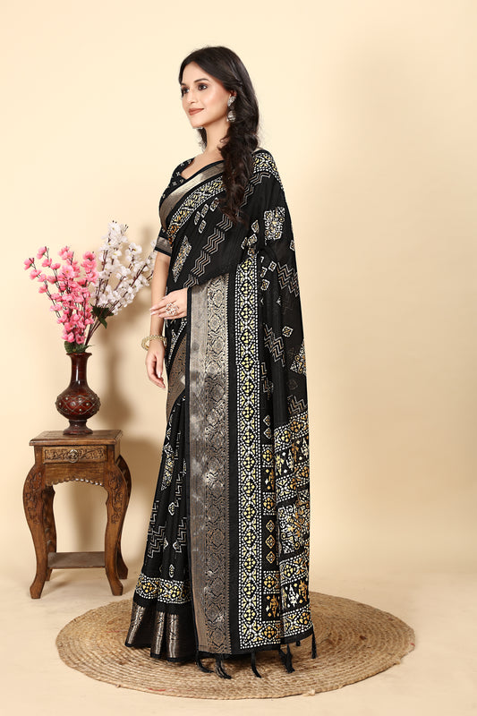 Women's Luxurious Pure Dola Silk with Exquisite Jacquard Border & Printed Blouses