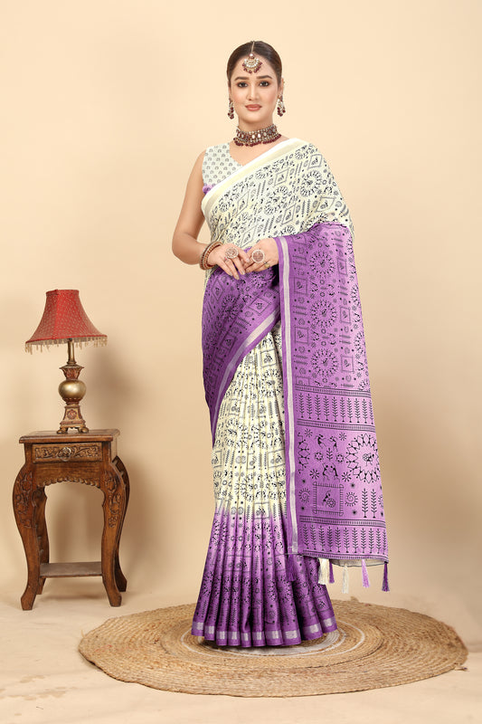 Women's Luxurious Soft Pashmina Silk Saree with kalamkari Printed Border & Printed Blouses