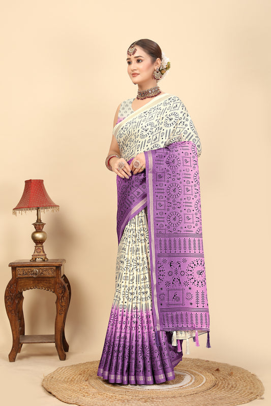 Women's Luxurious Soft Pashmina Silk Saree with kalamkari Printed Border & Printed Blouses