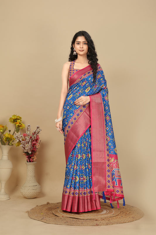 Women's Luxurious Pure Dola Silk with Exquisite Jacquard Border & Printed Blouses