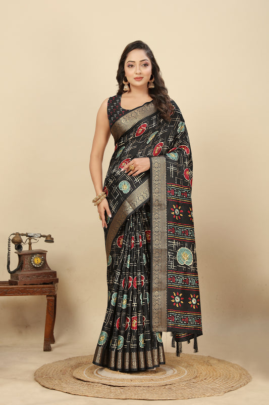 Women's Luxurious Pure Dola Silk with Exquisite Jacquard Border Printed Saree & Printed Blouses