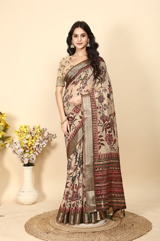 Women's Soft Pure Cotton Linen Silk with Exquisite Printed Saree & Printed Blouses
