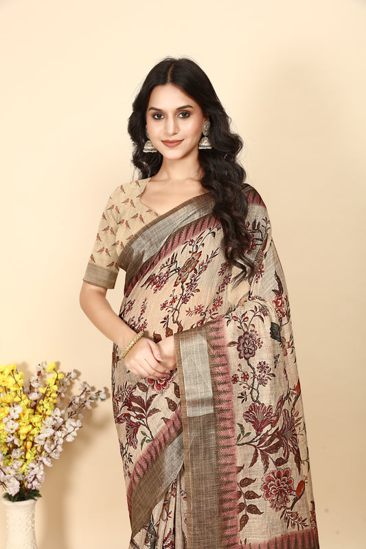 Women's Soft Pure Cotton Linen Silk with Exquisite Printed Saree & Printed Blouses