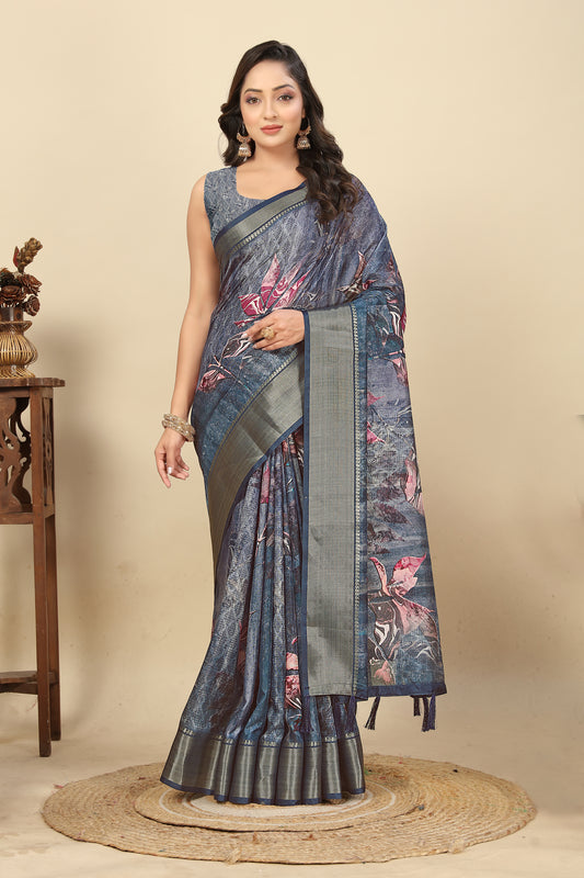 Women's Luxurious Soft Dola Silk Flower Print with Jacquard Border Saree & Printed Blouses